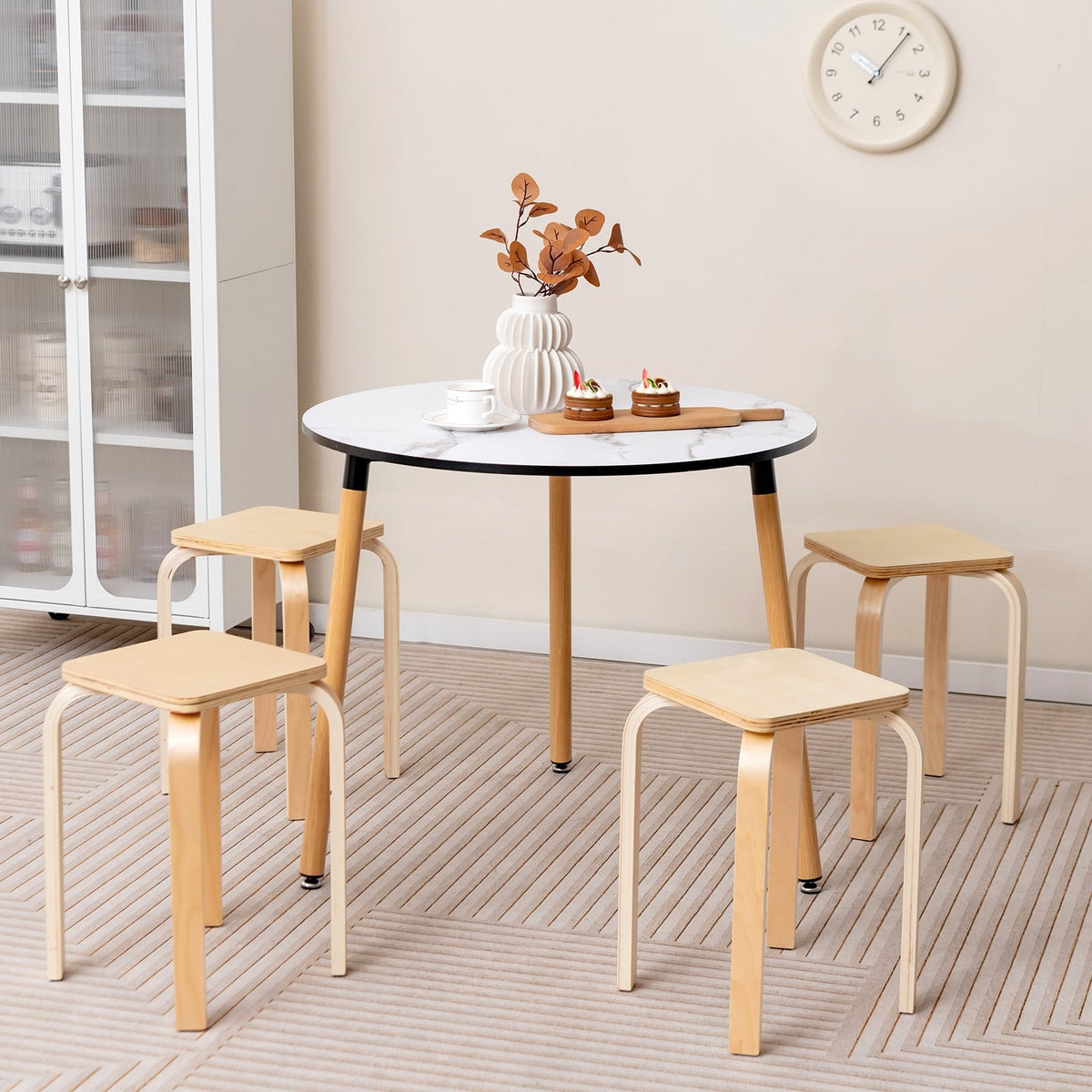 Stackable Stools Set of 4 with Square Top and Rounded Corners-Natural-Dining Chairs-DECOROLALA