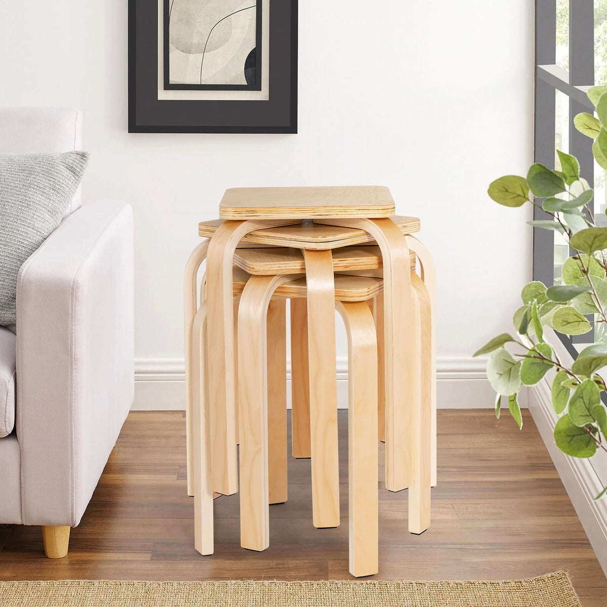 Stackable Stools Set of 4 with Square Top and Rounded Corners-Natural-Dining Chairs-DECOROLALA
