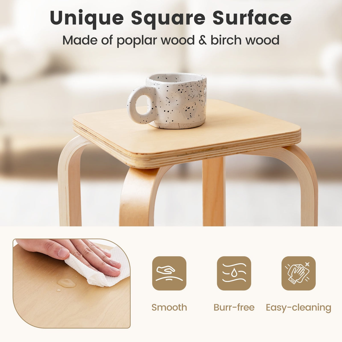 Stackable Stools Set of 4 with Square Top and Rounded Corners-Natural-Dining Chairs-DECOROLALA