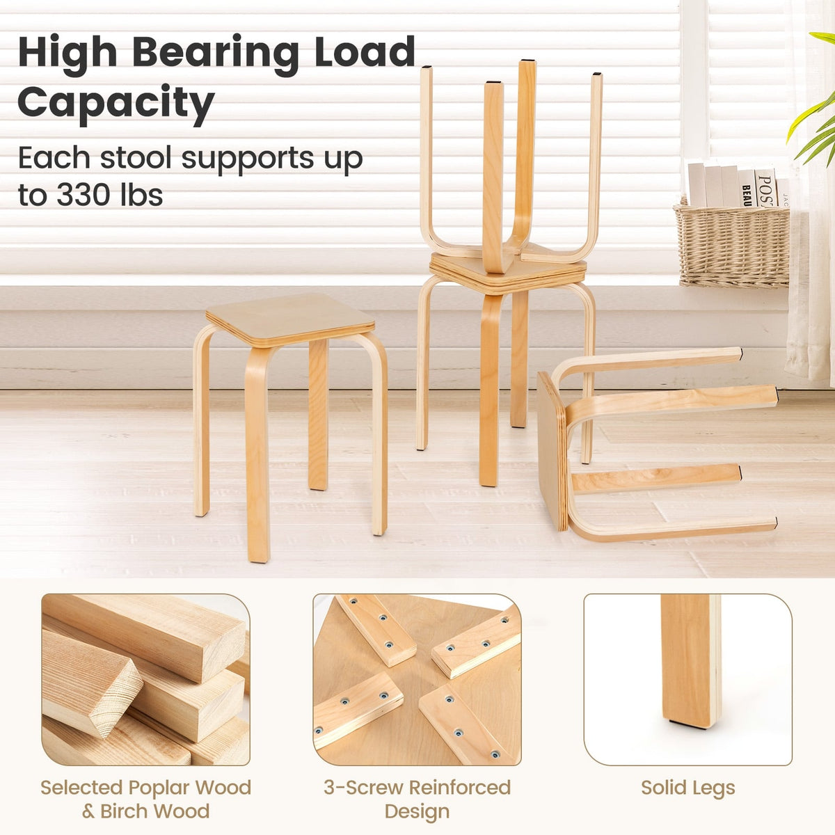 Stackable Stools Set of 4 with Square Top and Rounded Corners-Natural-Dining Chairs-DECOROLALA