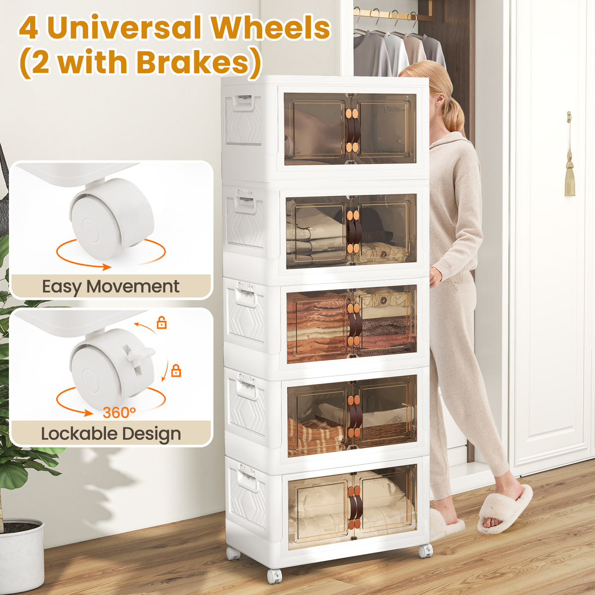 Stackable Storage Bins with Lockable Wheels-5 Pack-Storage Cabinets & Chests-DECOROLALA
