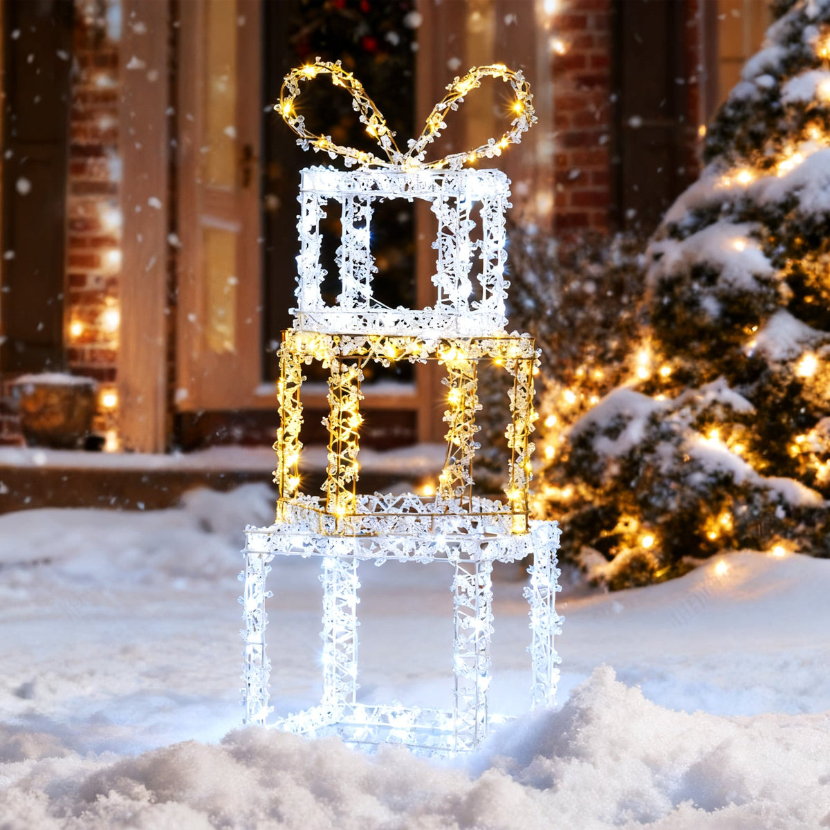 Stacked Lighted Gift Boxes Set of 3 Pre-Lit Christmas Present Box Lights-Christmas Decorations & Accessories-DECOROLALA