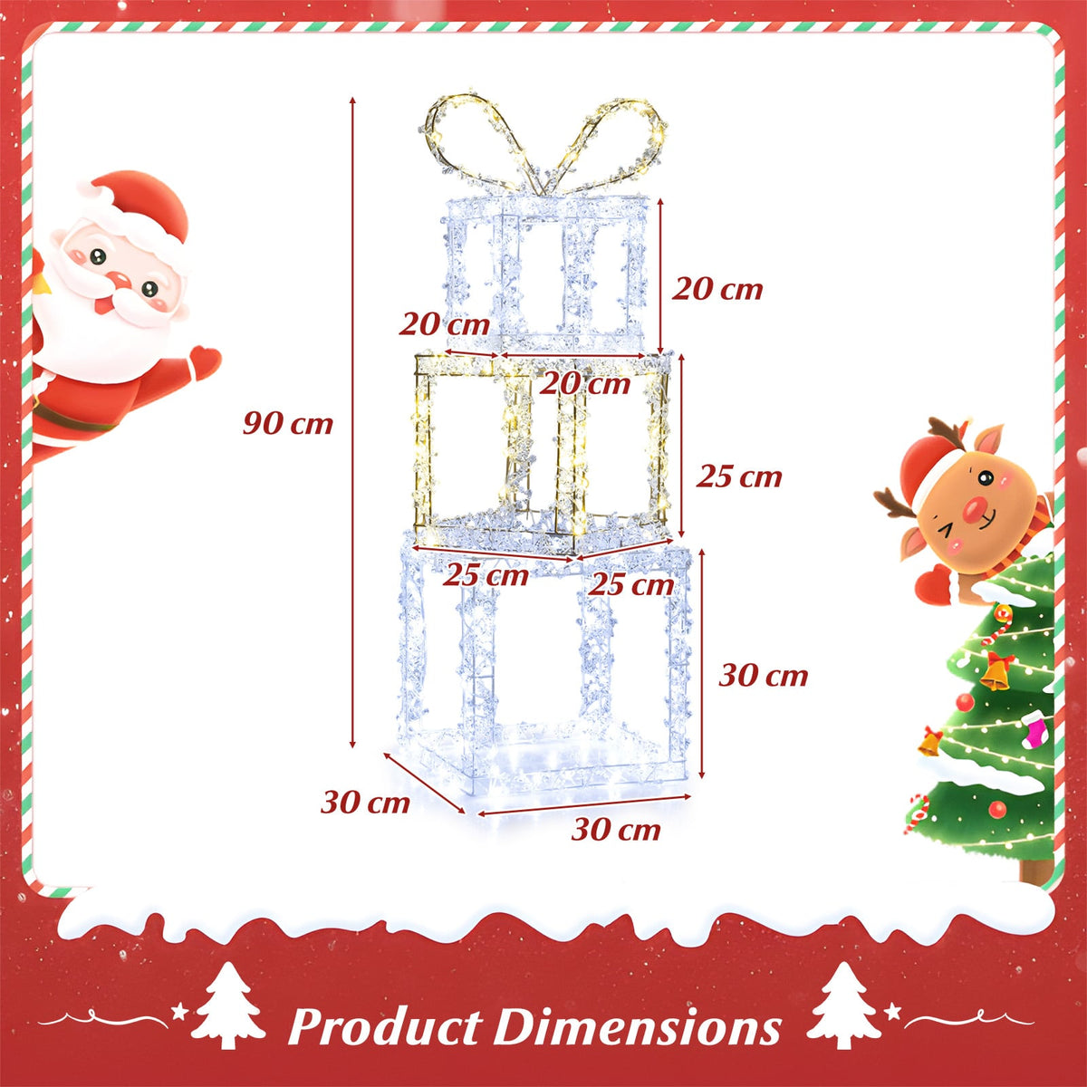 Stacked Lighted Gift Boxes Set of 3 Pre-Lit Christmas Present Box Lights-Christmas Decorations & Accessories-DECOROLALA