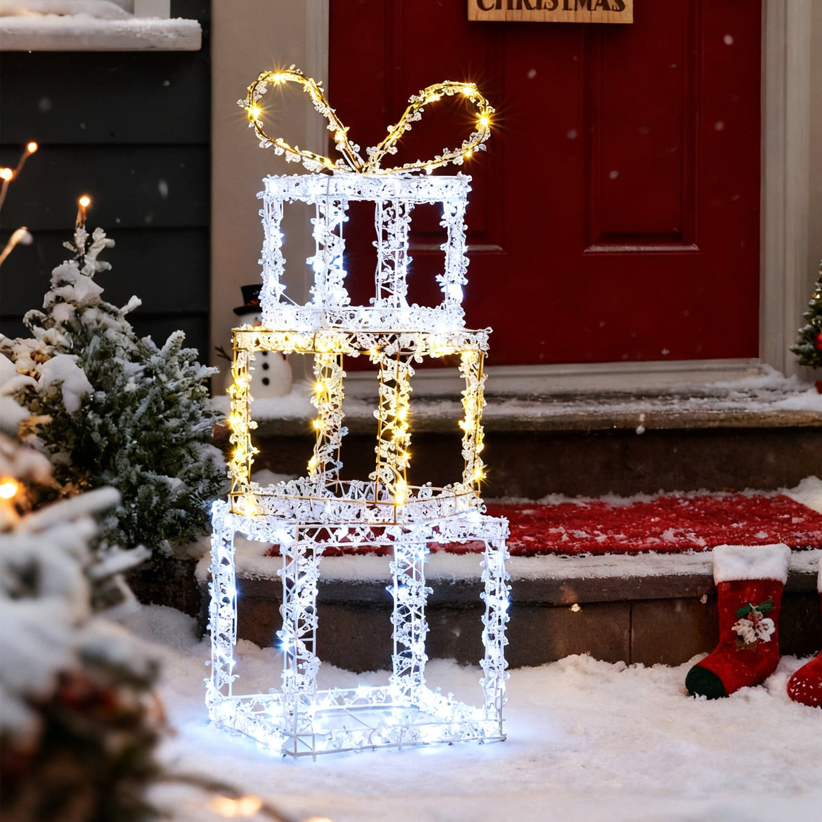 Stacked Lighted Gift Boxes Set of 3 Pre-Lit Christmas Present Box Lights-Christmas Decorations & Accessories-DECOROLALA