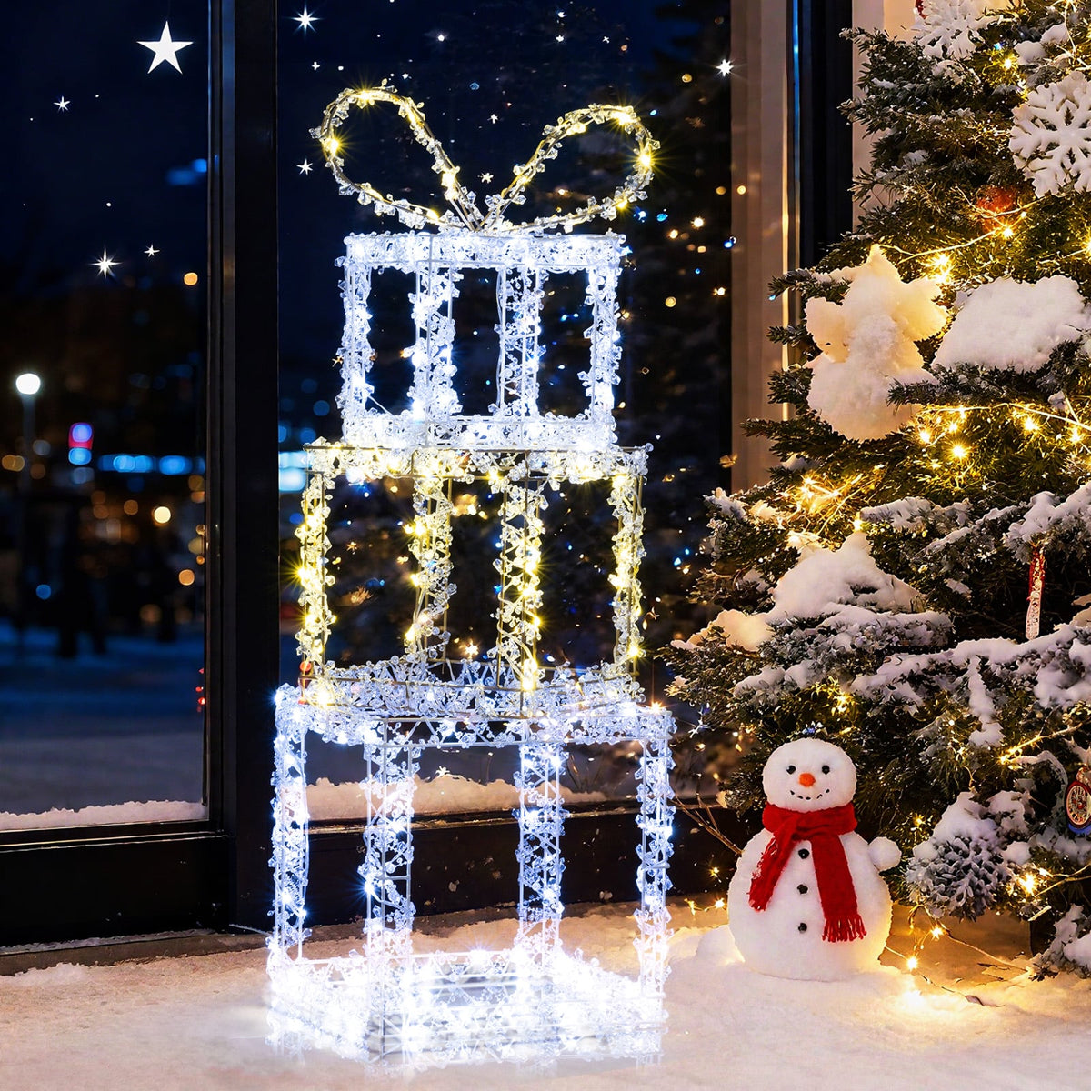 Stacked Lighted Gift Boxes Set of 3 Pre-Lit Christmas Present Box Lights-Christmas Decorations & Accessories-DECOROLALA