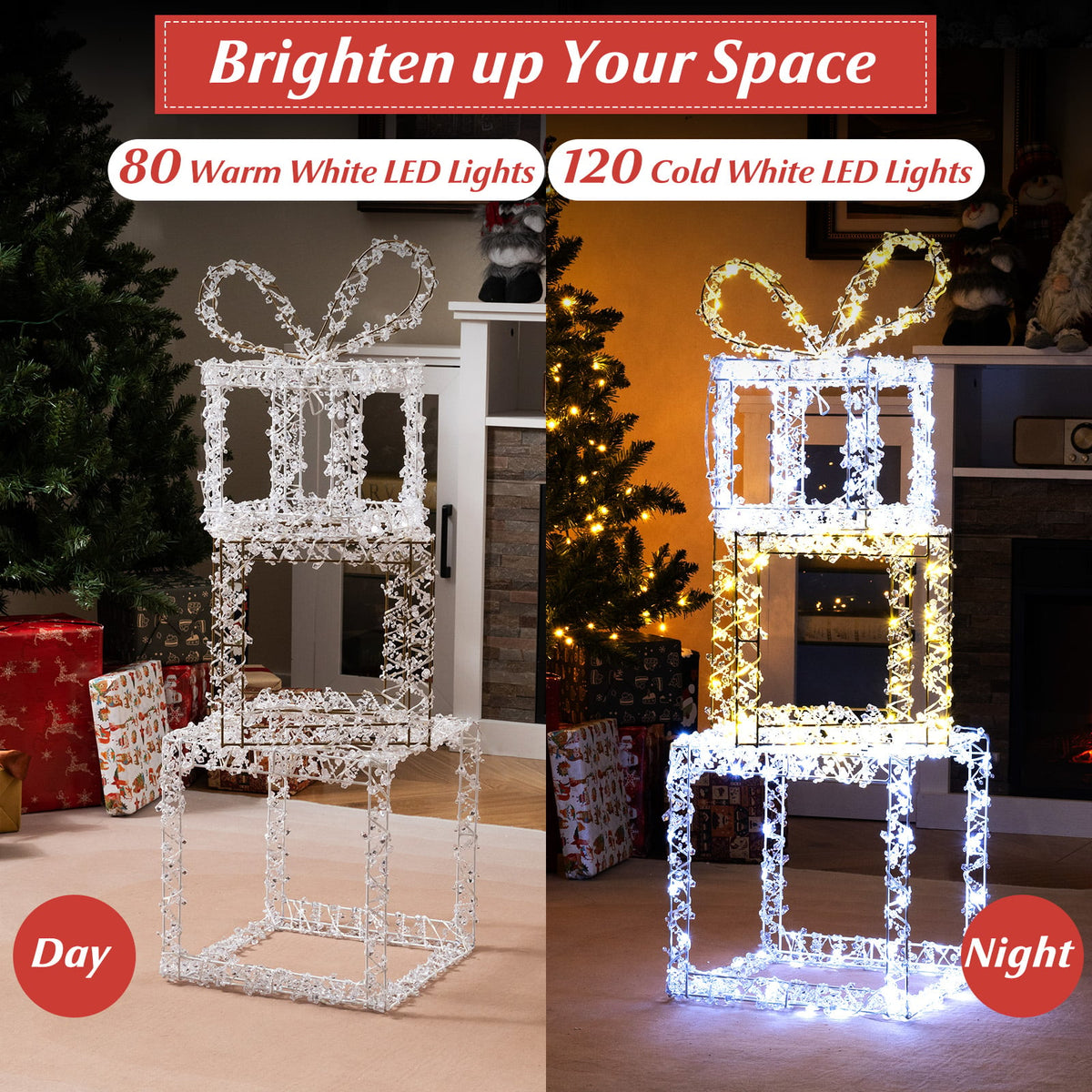 Stacked Lighted Gift Boxes Set of 3 Pre-Lit Christmas Present Box Lights-Christmas Decorations & Accessories-DECOROLALA