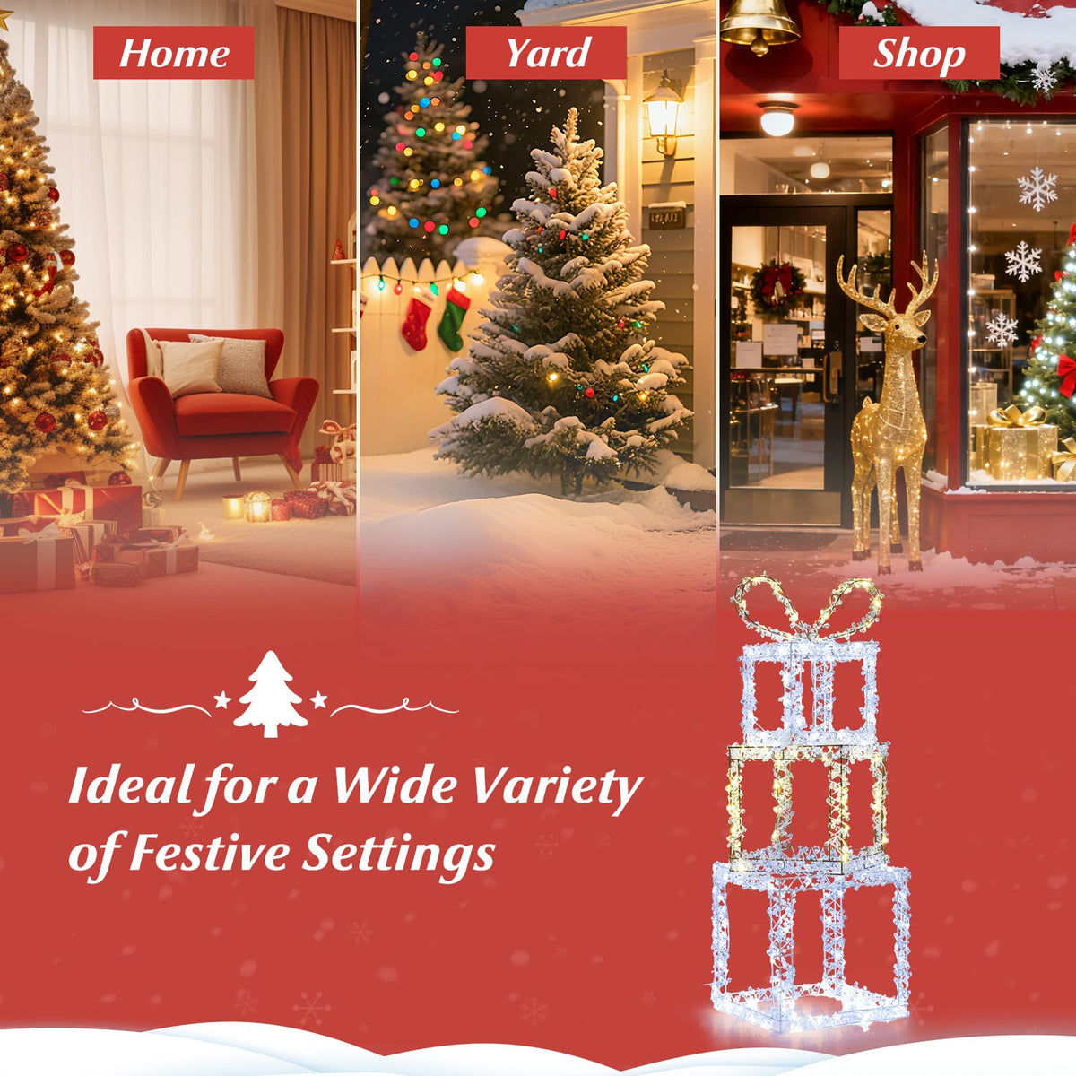 Stacked Lighted Gift Boxes Set of 3 Pre-Lit Christmas Present Box Lights-Christmas Decorations & Accessories-DECOROLALA