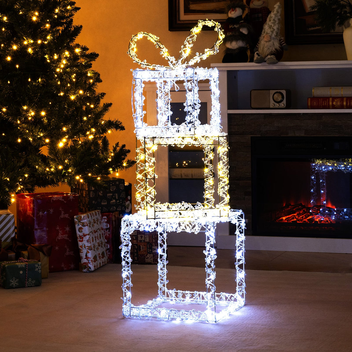 Stacked Lighted Gift Boxes Set of 3 Pre-Lit Christmas Present Box Lights-Christmas Decorations & Accessories-DECOROLALA