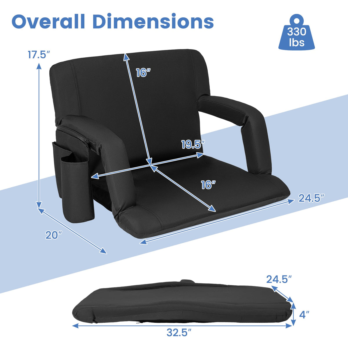 Stadium Seat for Bleachers with Back Support 6 Adjustable Positions-Black-Outdoor Chairs & Seating-DECOROLALA