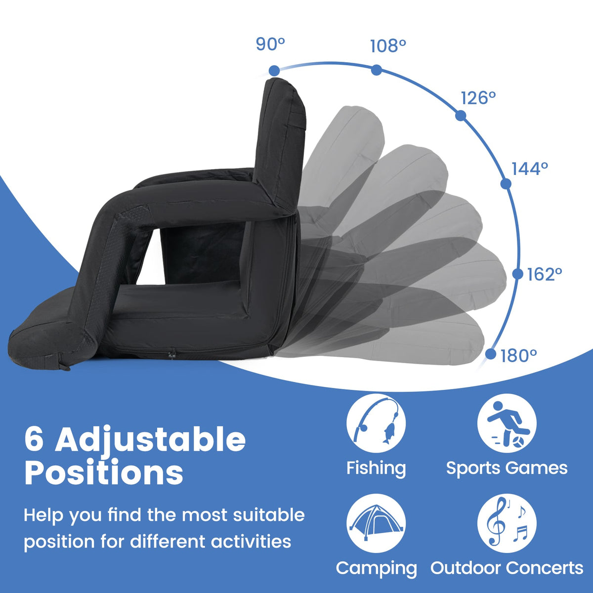 Stadium Seat for Bleachers with Back Support 6 Adjustable Positions-Black-Outdoor Chairs & Seating-DECOROLALA