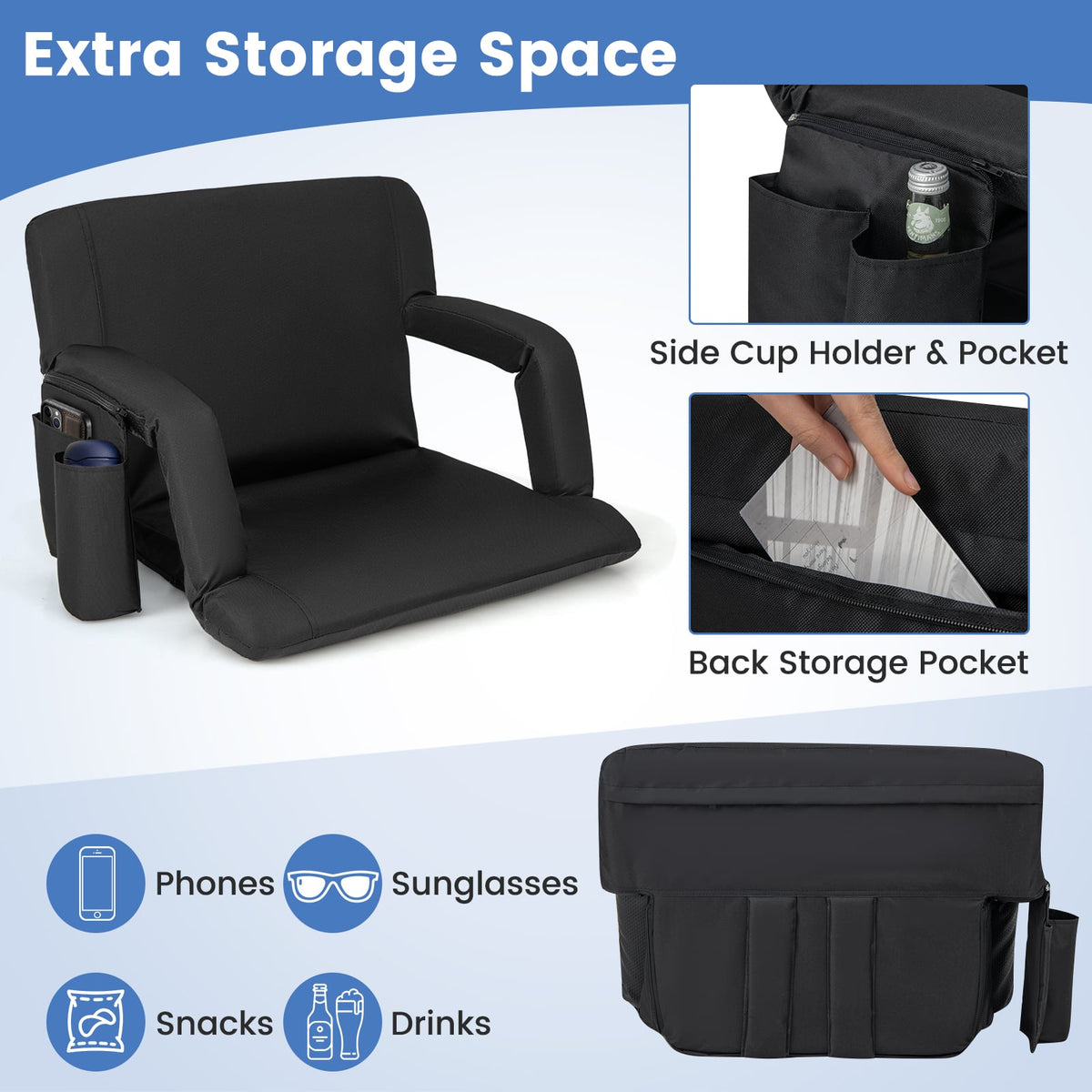 Stadium Seat for Bleachers with Back Support 6 Adjustable Positions-Black-Outdoor Chairs & Seating-DECOROLALA