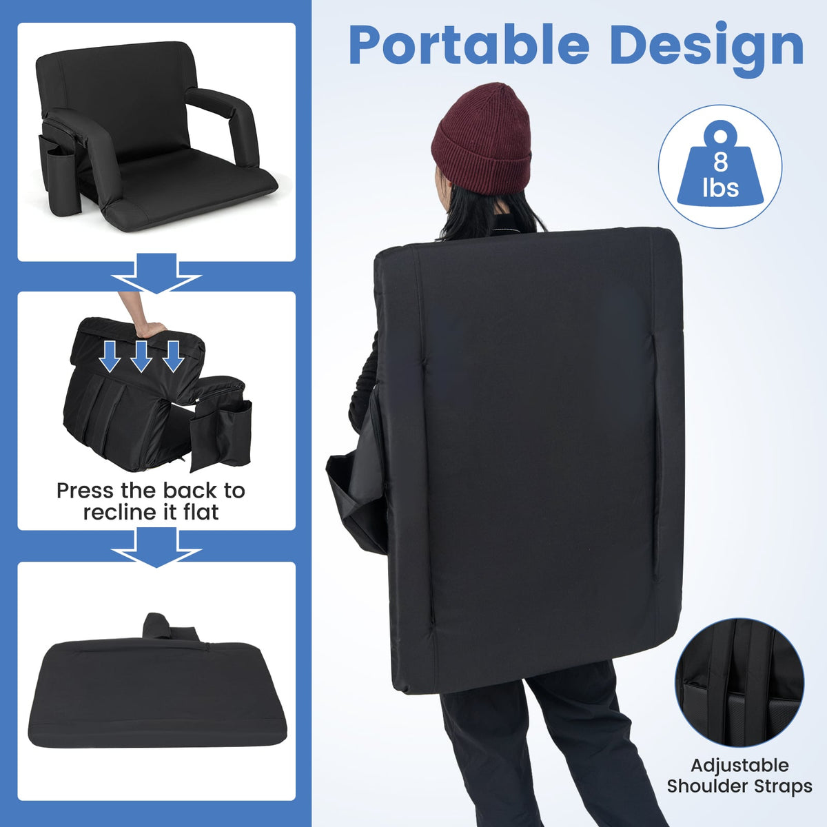 Stadium Seat for Bleachers with Back Support 6 Adjustable Positions-Black-Outdoor Chairs & Seating-DECOROLALA