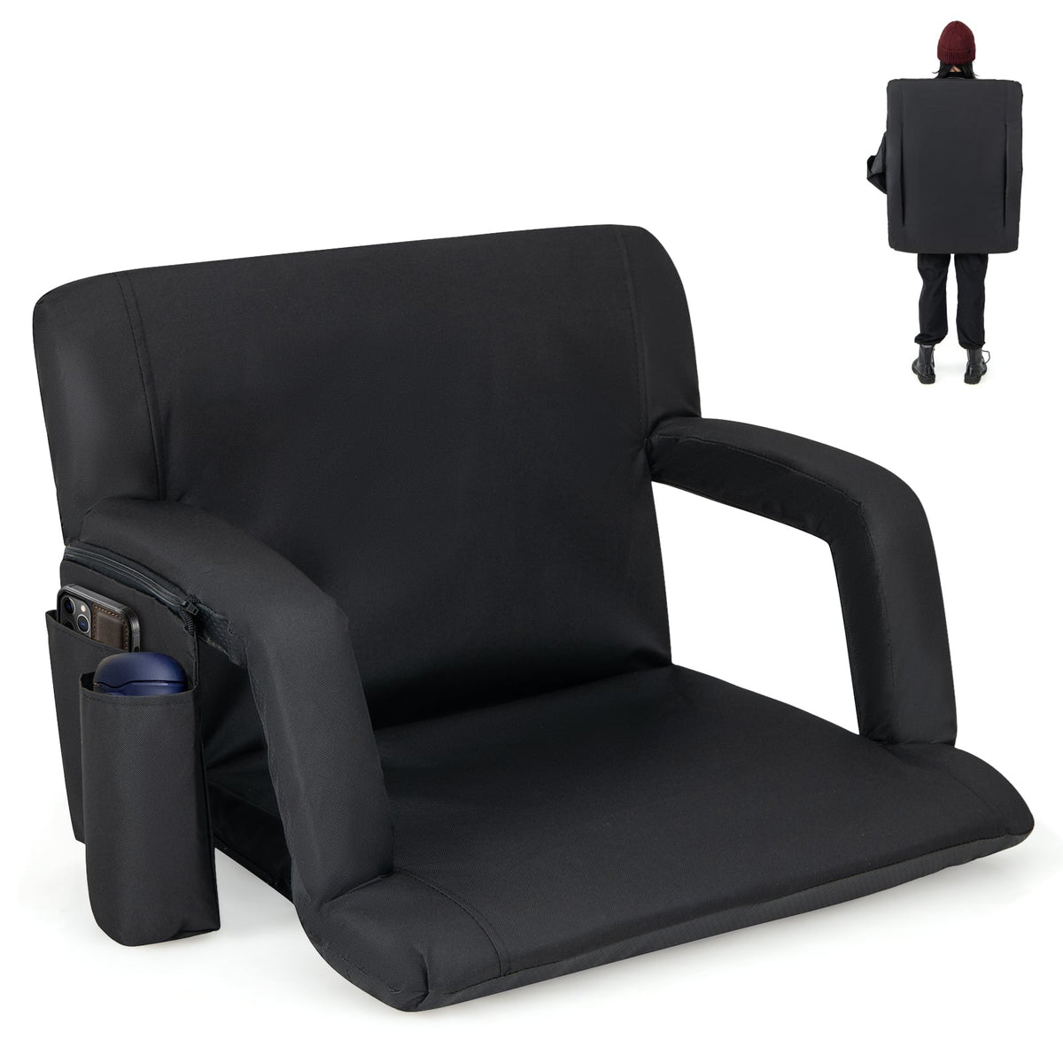 Stadium Seat for Bleachers with Back Support 6 Adjustable Positions-Black-Outdoor Chairs & Seating-DECOROLALA