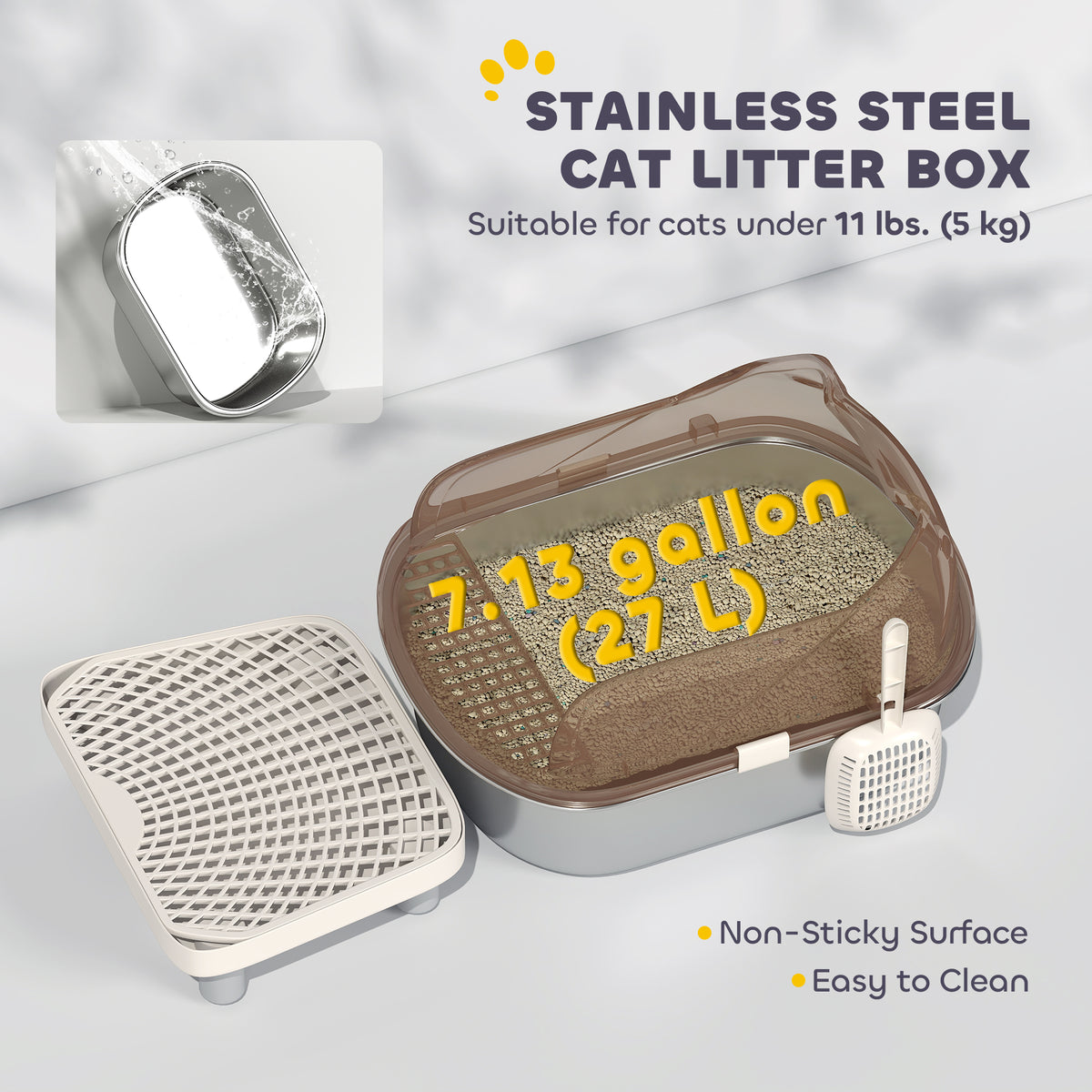 Stainless Steel Cat Litter Box with High Sides & Scoop - Charcoal Grey-Cats-DECOROLALA