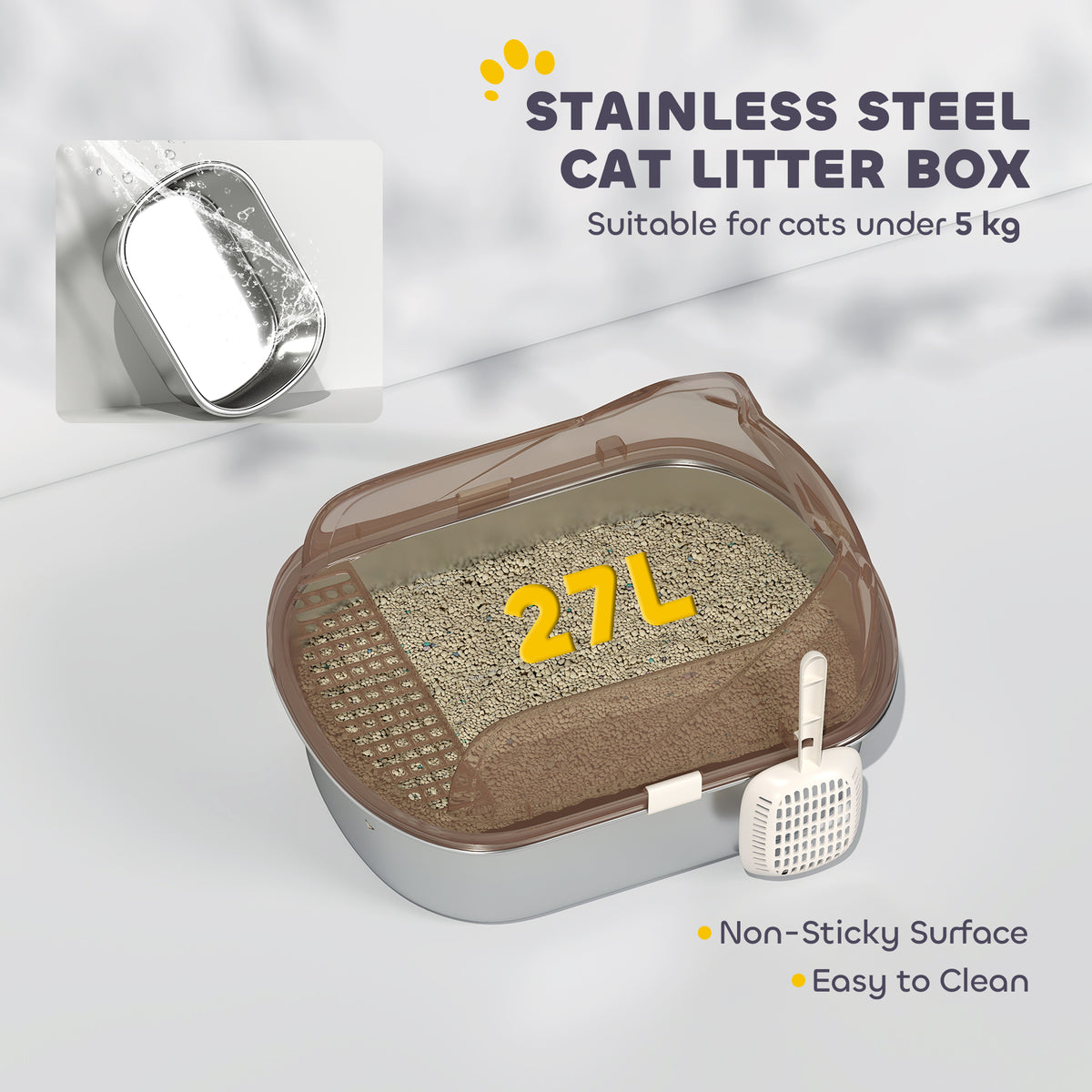 Stainless Steel Cat Litter Box with High Sides & Scoop - Grey-Cats-DECOROLALA