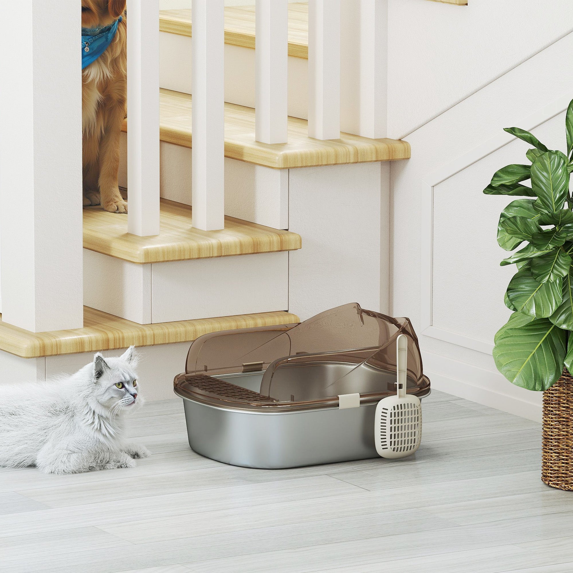Stainless Steel Cat Litter Box with High Sides & Scoop - Grey-Cats-DECOROLALA