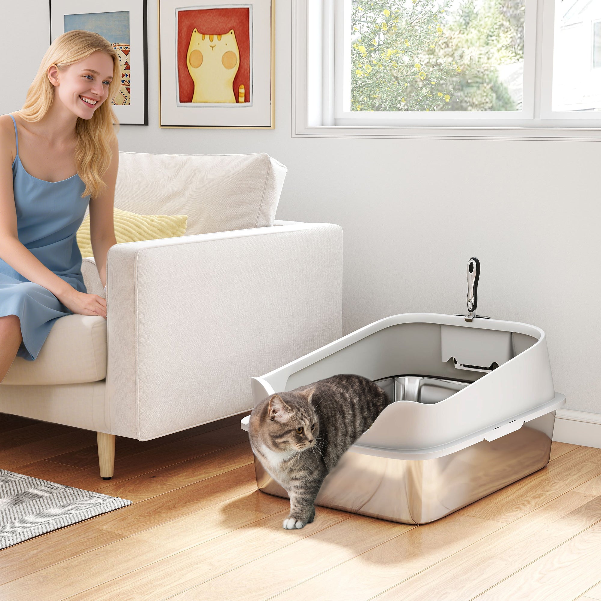 Stainless Steel Cat Litter Box with Metal Scoop - 24" x 16" Grey-Cats-DECOROLALA