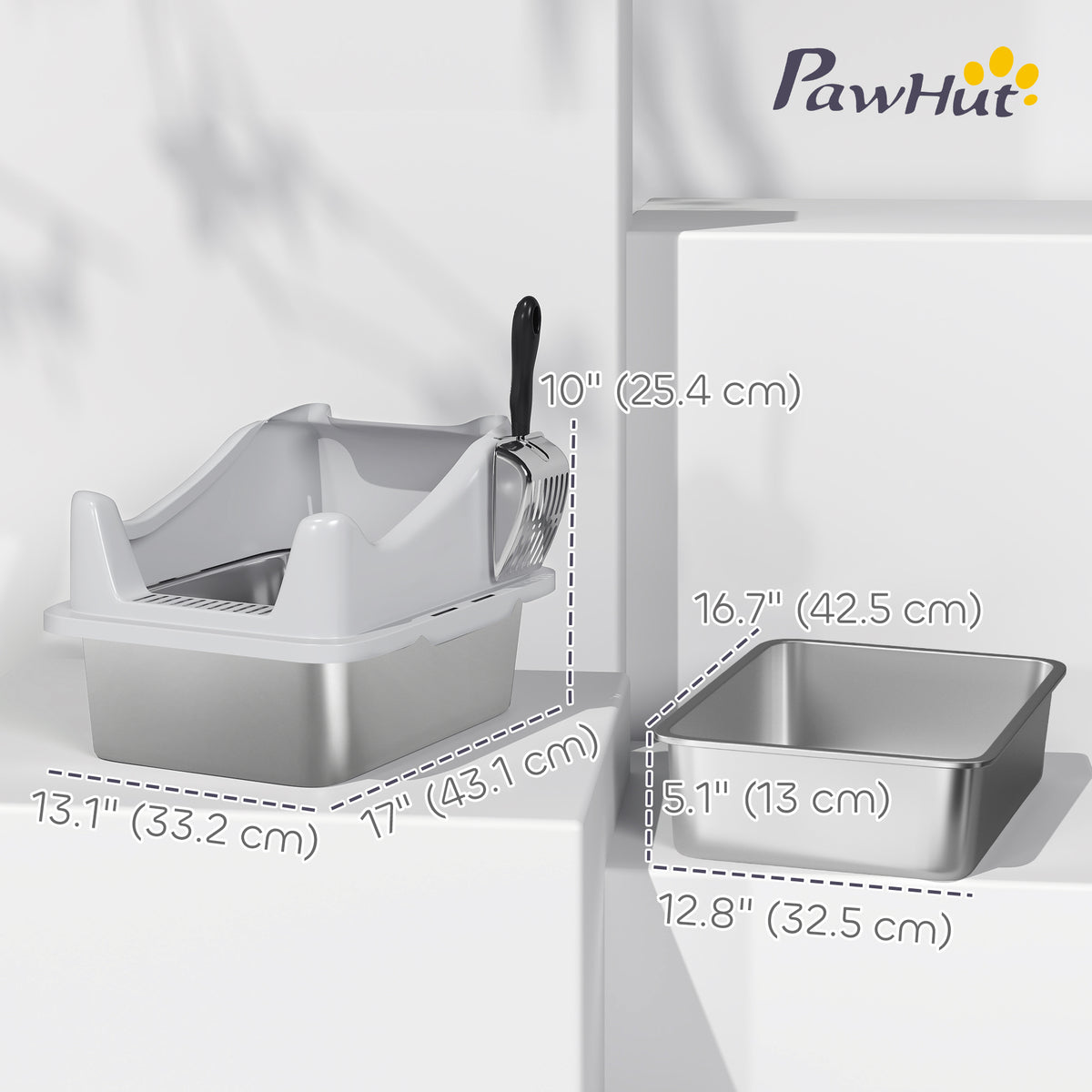 Stainless Steel Cat Litter Box with Scoop - Grey 17" x 13" x 10"-Cats-DECOROLALA