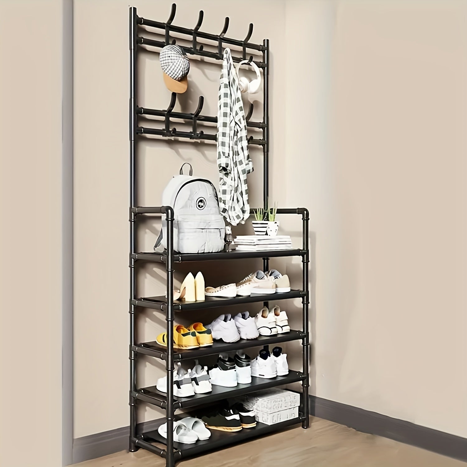 Stainless Steel Coat & Shoe Rack - Black 8-Hook 4-Tier 120cm-Storage & Organisation-DECOROLALA