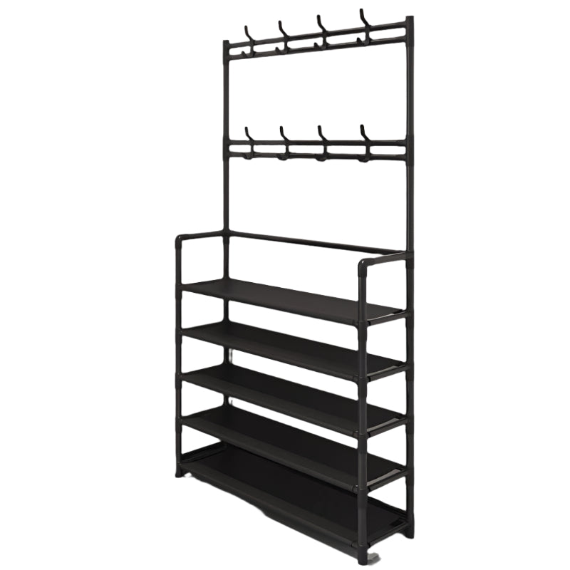 Stainless Steel Coat & Shoe Rack - Black 8-Hook 4-Tier 120cm-Storage & Organisation-DECOROLALA