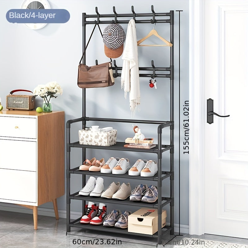 Stainless Steel Coat & Shoe Rack - Black 8-Hook 4-Tier 120cm-Storage & Organisation-DECOROLALA