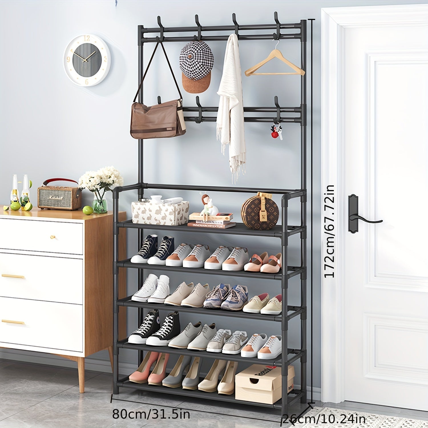 Stainless Steel Coat & Shoe Rack - Black 8-Hook 4-Tier 120cm-Storage & Organisation-DECOROLALA