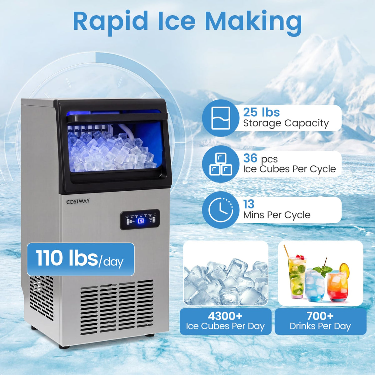 Stainless Steel Commercial Ice Maker 110 lbs/24H-Ice Makers-DECOROLALA