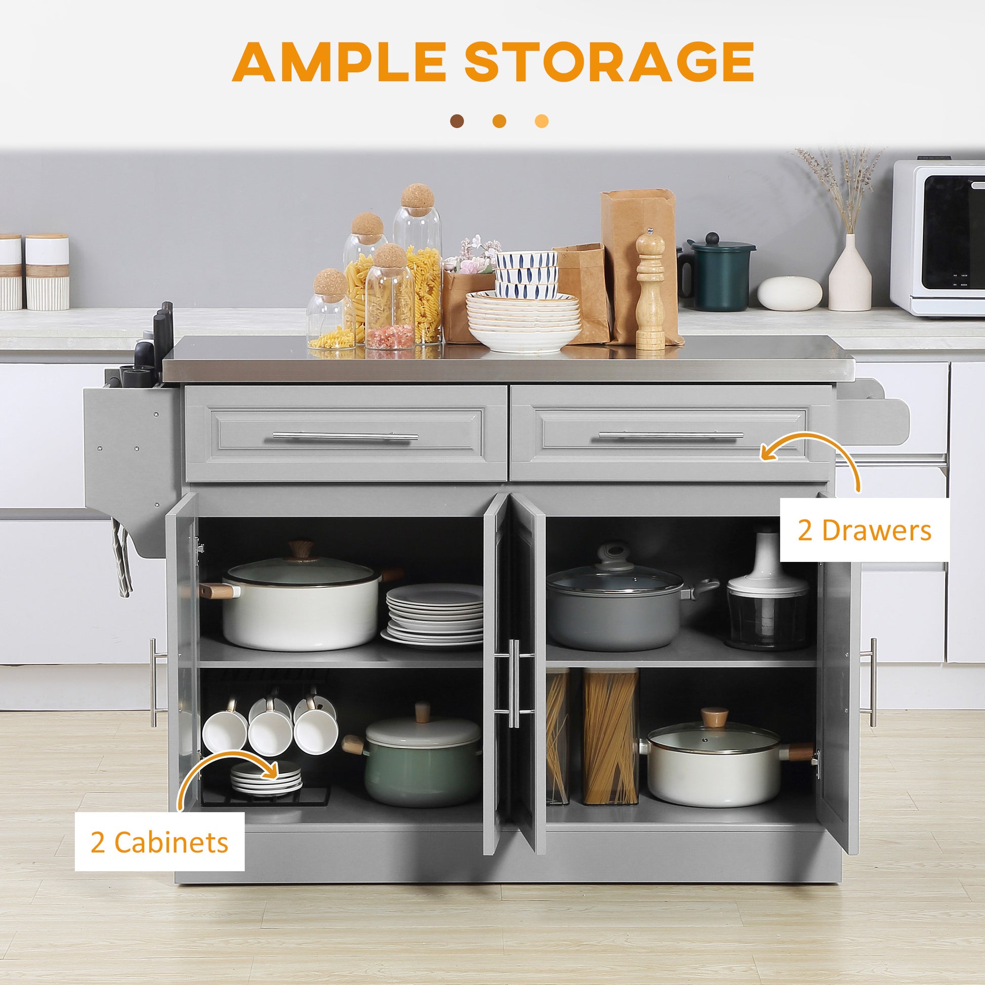Stainless Steel Kitchen Island Trolley with Storage - Grey 57"-DECOROLALA