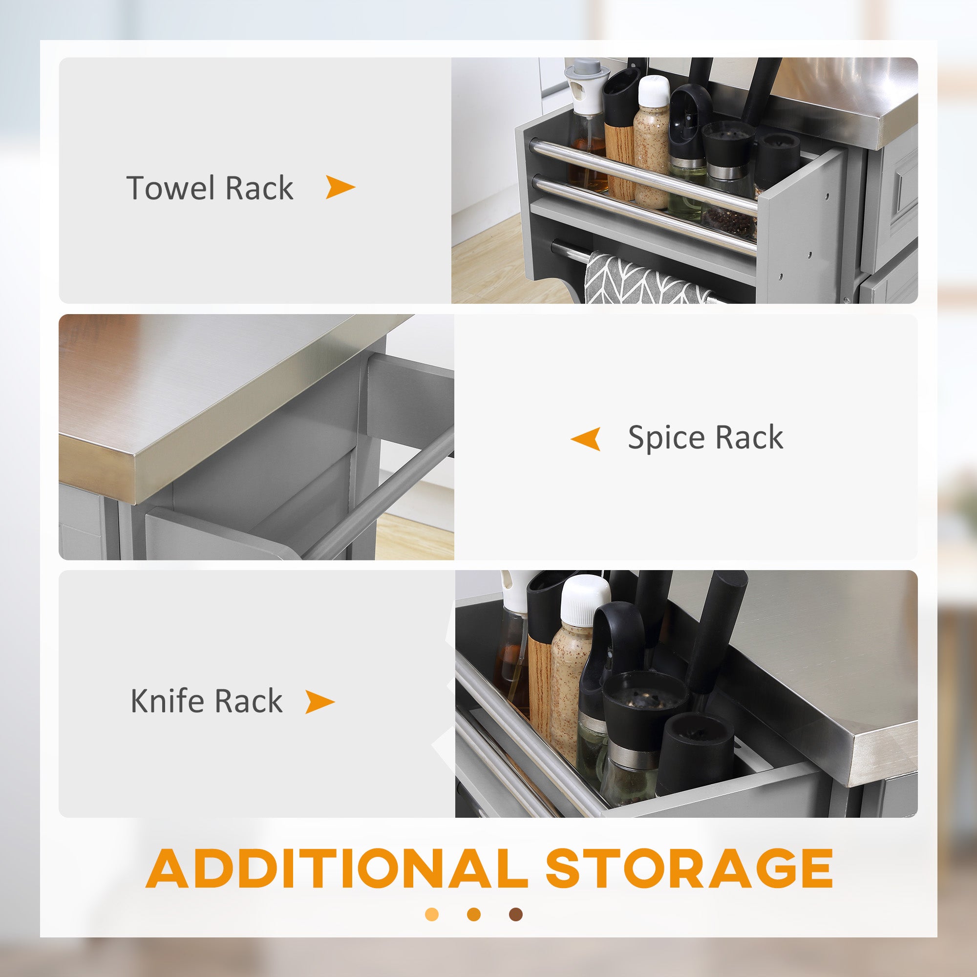 Stainless Steel Kitchen Island Trolley with Storage - Grey 57"-DECOROLALA