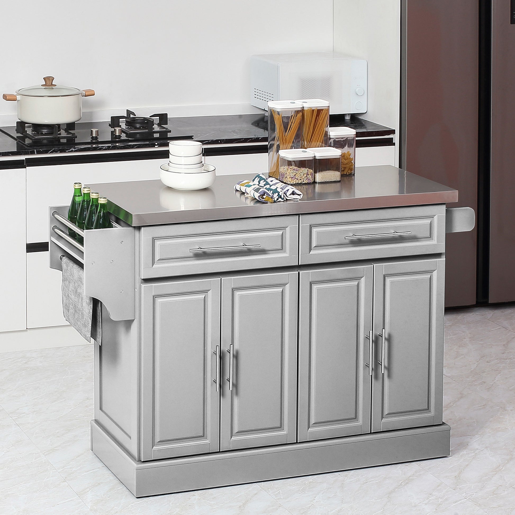 Stainless Steel Kitchen Island Trolley with Storage - Grey 57"-DECOROLALA