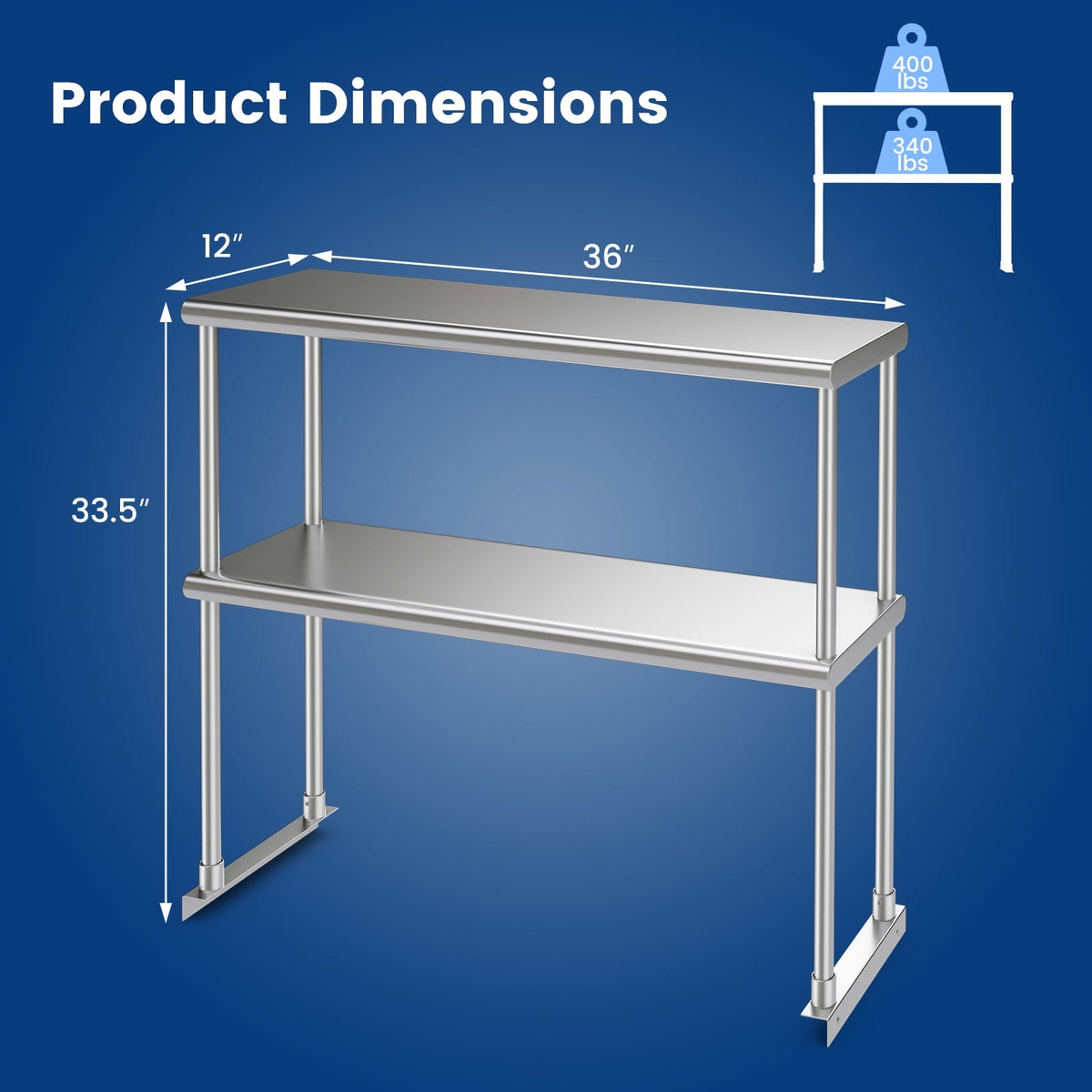 Stainless Steel Overshelf with Adjustable Lower Shelf for Restaurant Kitchen-Kitchen Tools-DECOROLALA
