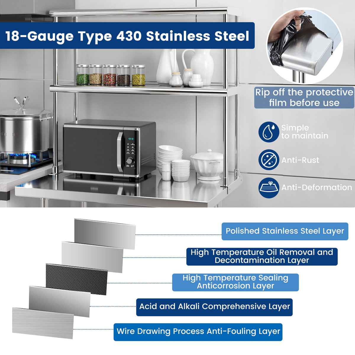 Stainless Steel Overshelf with Adjustable Lower Shelf for Restaurant Kitchen-Kitchen Tools-DECOROLALA