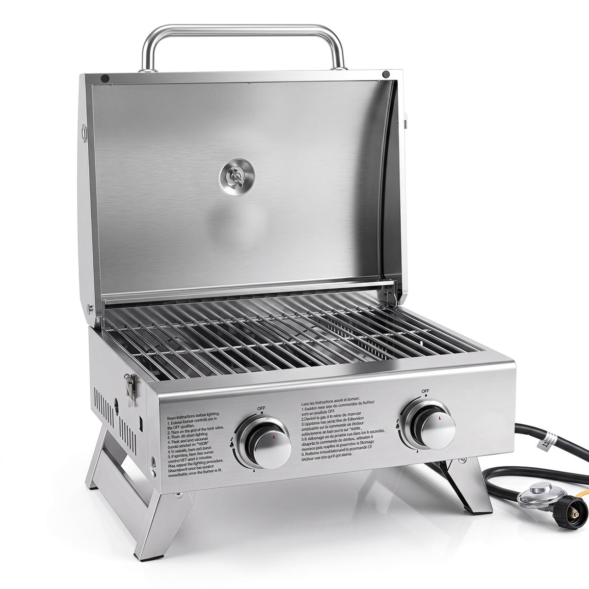 Stainless Steel Propane Grill with Lid for Outdoor Camping Tailgating Picnic Party-Silver-Outdoor Grills-DECOROLALA