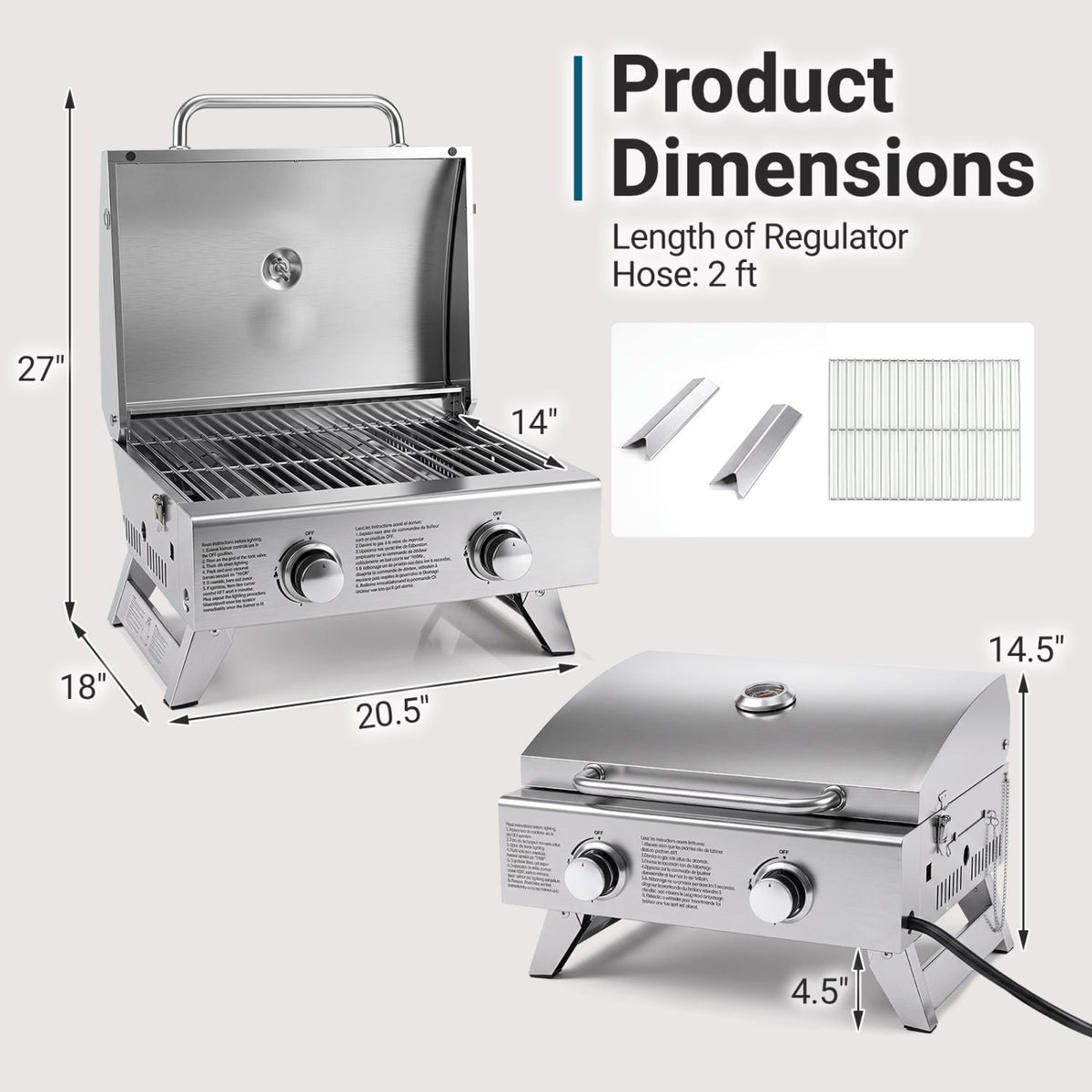 Stainless Steel Propane Grill with Lid for Outdoor Camping Tailgating Picnic Party-Silver-Outdoor Grills-DECOROLALA