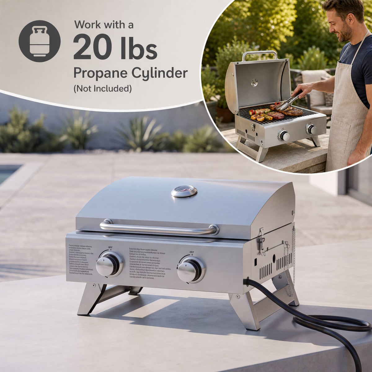Stainless Steel Propane Grill with Lid for Outdoor Camping Tailgating Picnic Party-Silver-Outdoor Grills-DECOROLALA