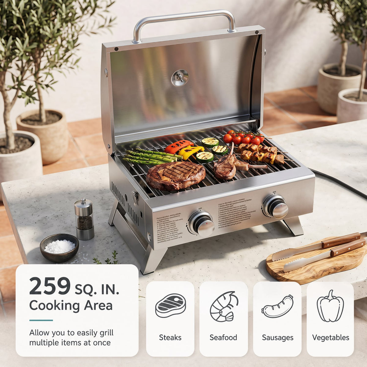 Stainless Steel Propane Grill with Lid for Outdoor Camping Tailgating Picnic Party-Silver-Outdoor Grills-DECOROLALA