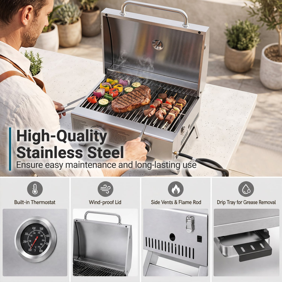Stainless Steel Propane Grill with Lid for Outdoor Camping Tailgating Picnic Party-Silver-Outdoor Grills-DECOROLALA