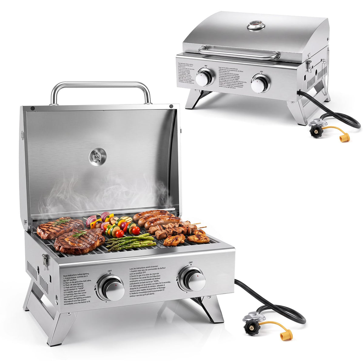 Stainless Steel Propane Grill with Lid for Outdoor Camping Tailgating Picnic Party-Silver-Outdoor Grills-DECOROLALA