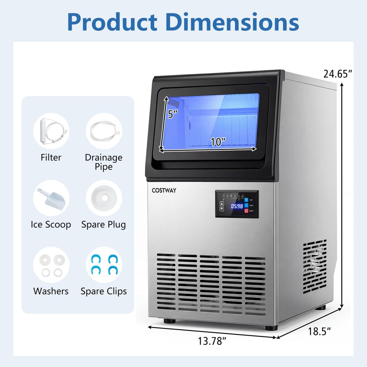 Stainless Steel Spary Ice Maker with 30 LBS Storage Capacity and 80 LBS Per Day-Ice Makers-DECOROLALA