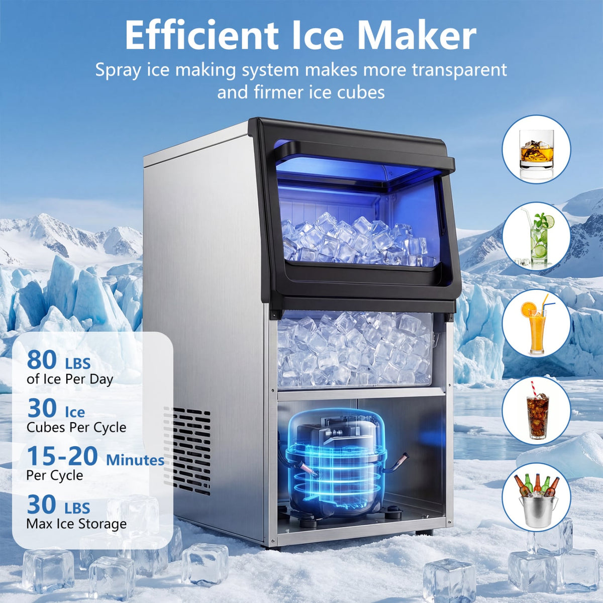 Stainless Steel Spary Ice Maker with 30 LBS Storage Capacity and 80 LBS Per Day-Ice Makers-DECOROLALA