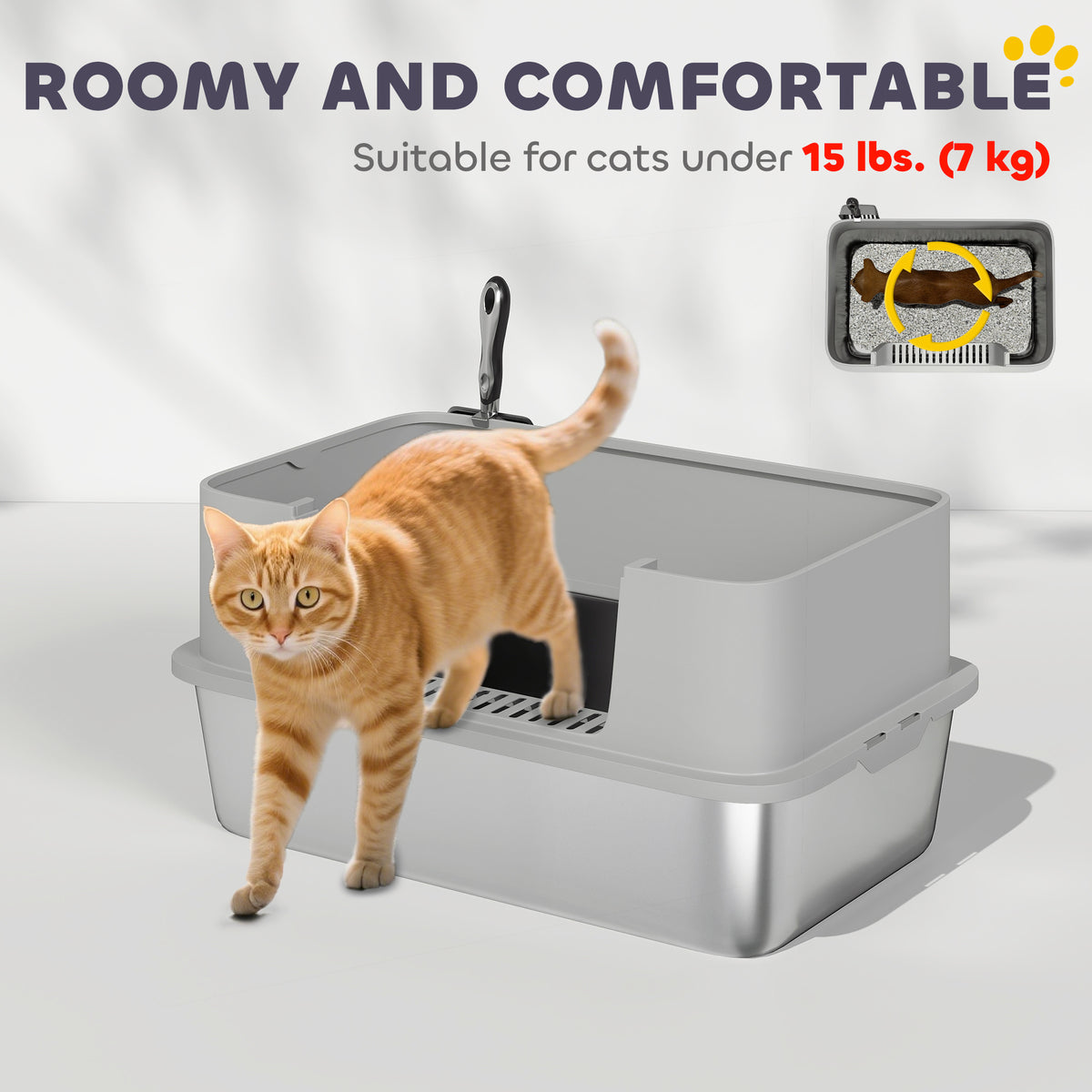 Stainless Steel XL High Sided Cat Litter Box with Scoop - Grey-Cats-DECOROLALA