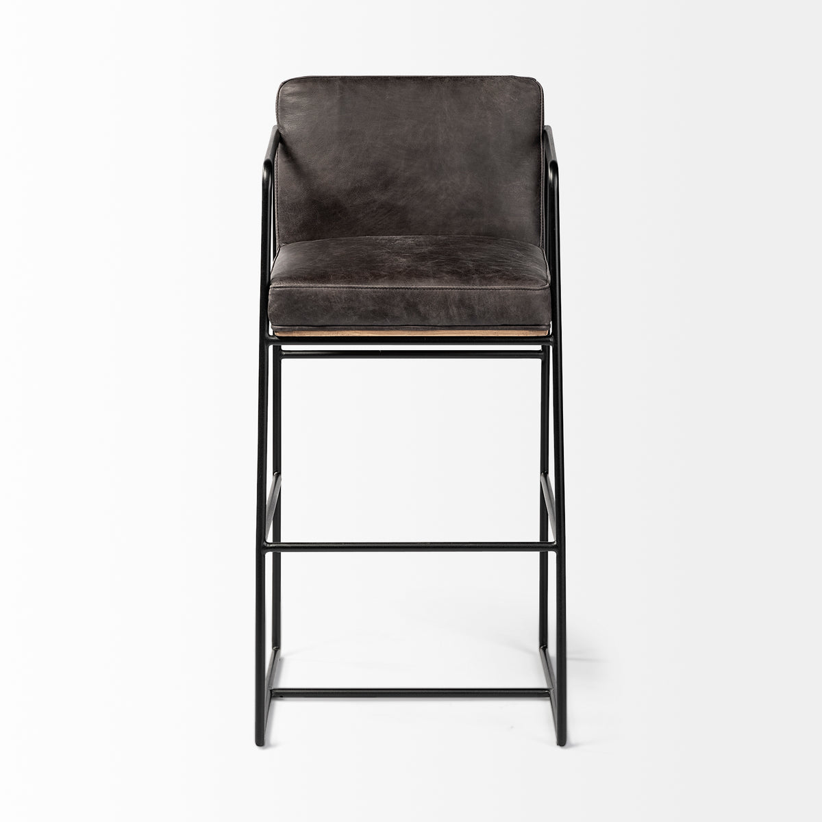 Stamford 40" Total Height Black Leather Seat w/ Wood Back, Metal Frame Bar Stool-Bar Stools-DECOROLALA