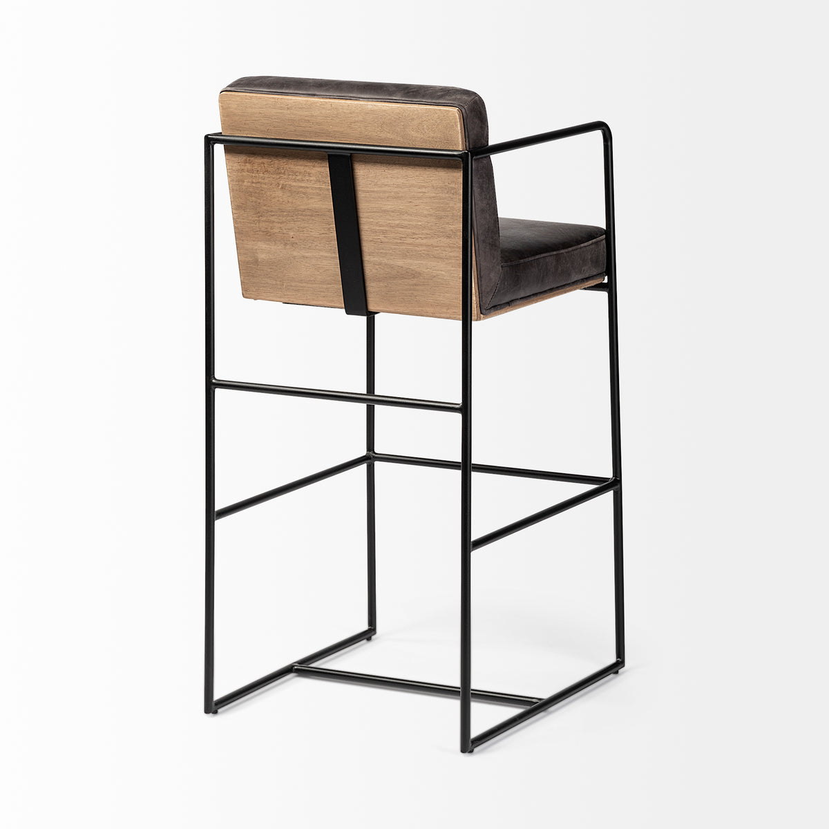 Stamford 40" Total Height Black Leather Seat w/ Wood Back, Metal Frame Bar Stool-Bar Stools-DECOROLALA