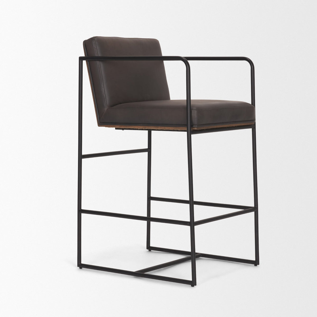 Stamford 36" Total Height Charcoal-Brown Leather Seat w/ Wood Back Metal Counter Stool-Bar Stools-DECOROLALA
