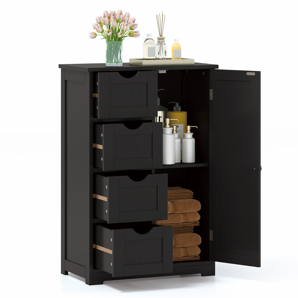 Standing Indoor Wooden Cabinet with 4 Drawers-Black-Floor Cabinets-DECOROLALA