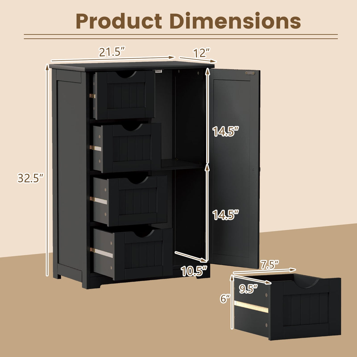 Standing Indoor Wooden Cabinet with 4 Drawers-Black-Floor Cabinets-DECOROLALA