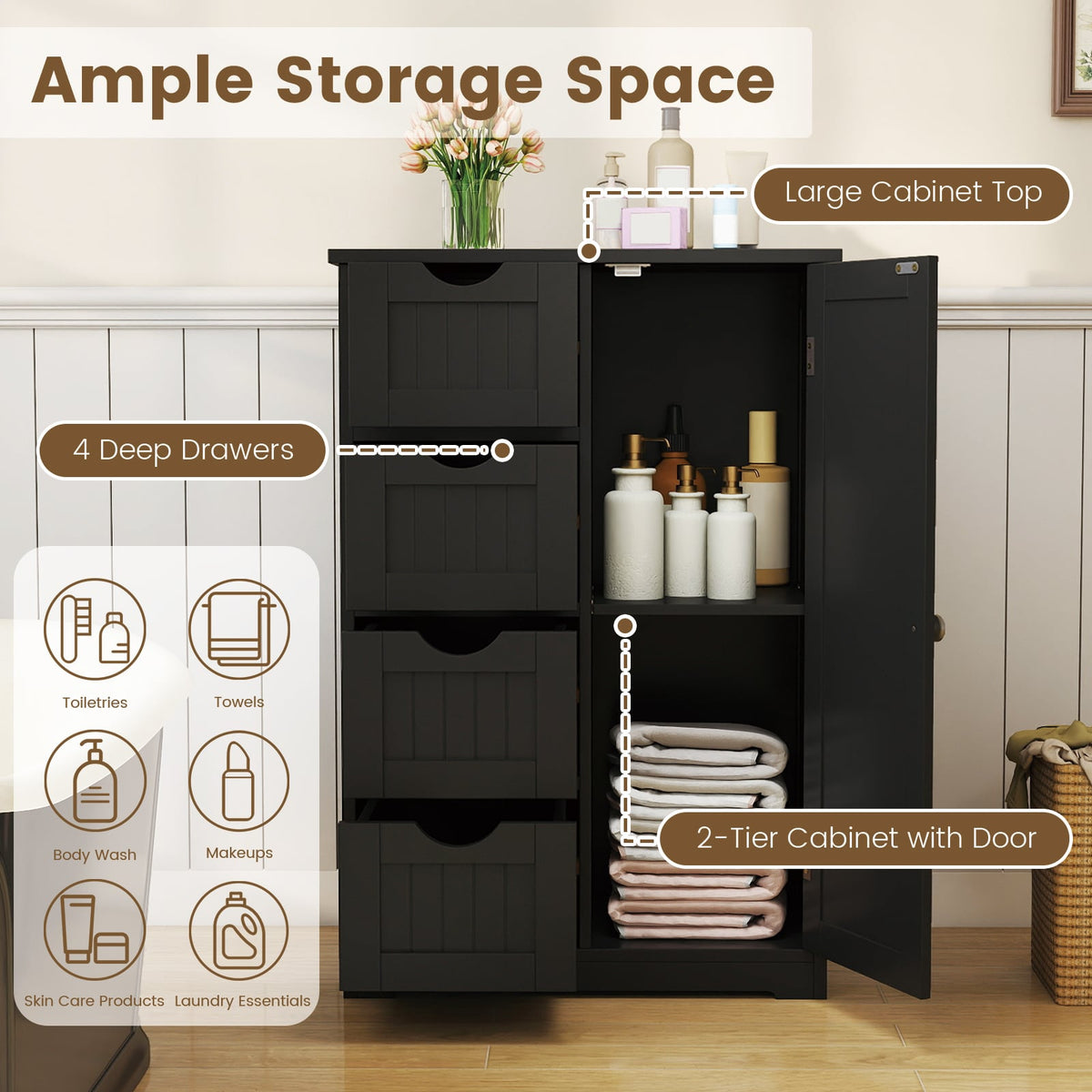 Standing Indoor Wooden Cabinet with 4 Drawers-Black-Floor Cabinets-DECOROLALA