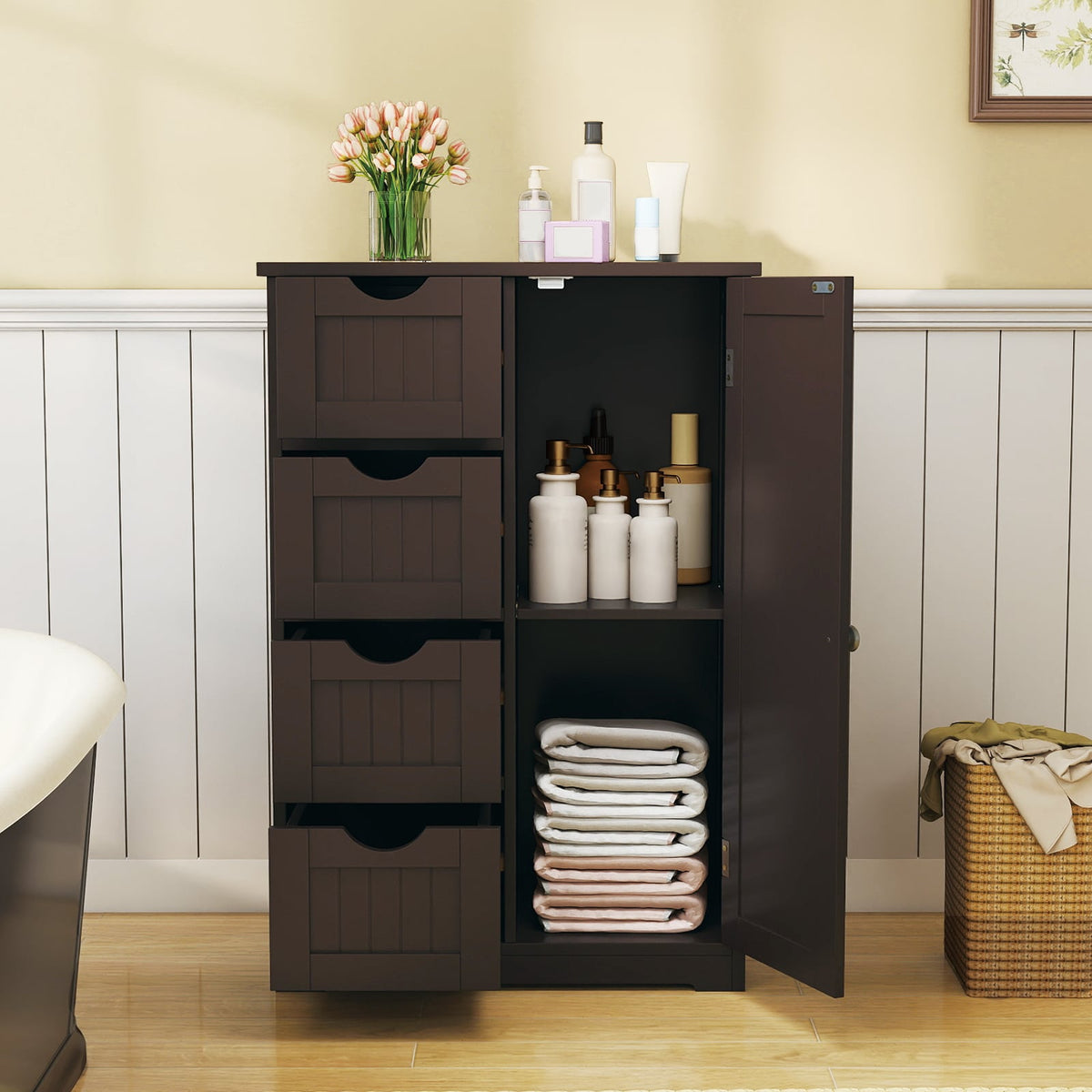 Standing Indoor Wooden Cabinet with 4 Drawers-Brown-Floor Cabinets-DECOROLALA