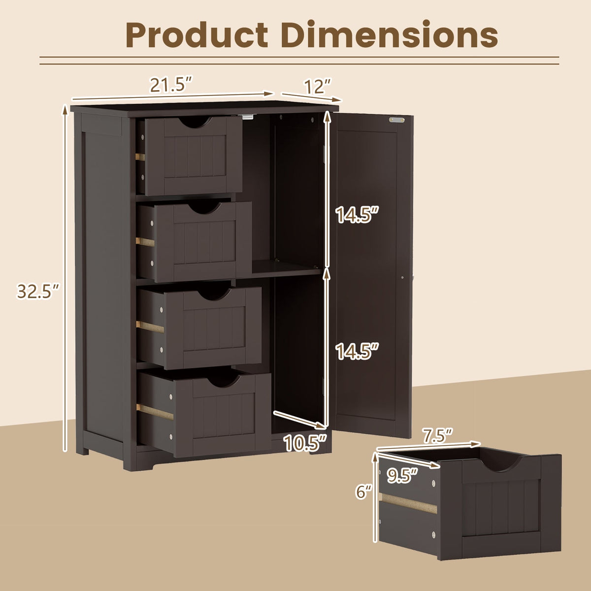 Standing Indoor Wooden Cabinet with 4 Drawers-Brown-Floor Cabinets-DECOROLALA