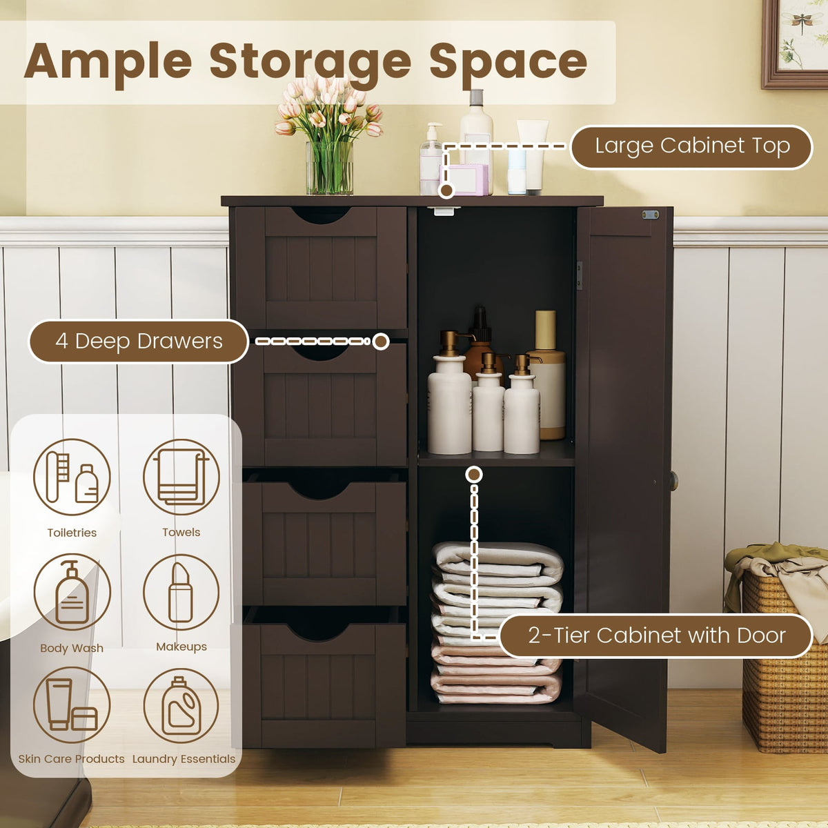 Standing Indoor Wooden Cabinet with 4 Drawers-Brown-Floor Cabinets-DECOROLALA